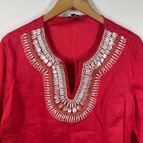 Talbots Top Women M Red Linen Shell Beaded Neck Detail Tunic Beach Spring Coast - Picture 3 of 9